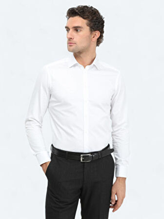 Beyaz Düz Slim Fit Dokuma Klasik %100 Pamuk Gömlek