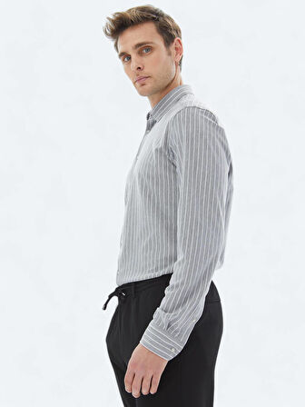 Gri Çizgili Regular Fit Casual Pamuk Karışımlı Gömlek