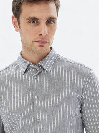 Gri Çizgili Regular Fit Casual Pamuk Karışımlı Gömlek