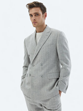 Açık Gri Çizgili Modern Fit Yün Karışımlı Takım Elbise