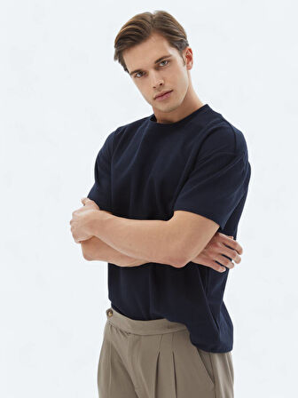 Lacivert Bisiklet Yaka %100 Pamuk T-Shirt