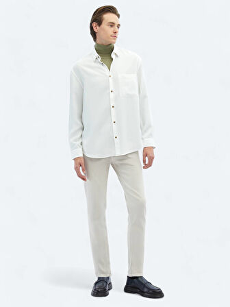 Beyaz Fitilli Oversize Fit Dokuma Casual Gömlek