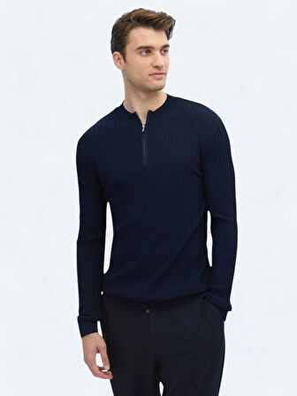 Lacivert Yarım Balıkçı Yaka Desenli Triko Kazak