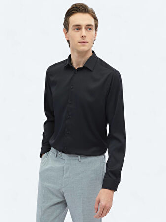 Siyah Düz Regular Fit Dokuma Casual Gömlek