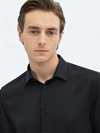 Siyah Düz Regular Fit Dokuma Casual Gömlek