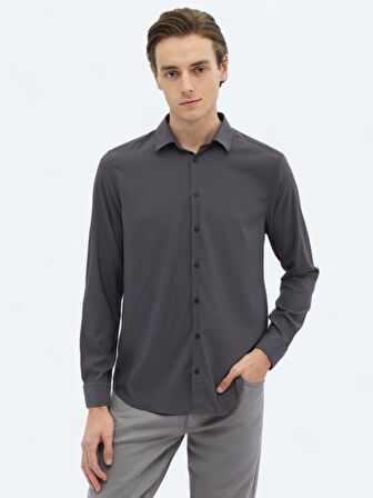 Antrasit Düz Regular Fit Dokuma Casual Gömlek