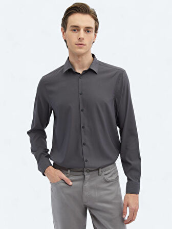 Antrasit Düz Regular Fit Dokuma Casual Gömlek