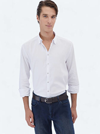 Beyaz Düz Regular Fit Dokuma Casual Pamuk Karışımlı Gömlek