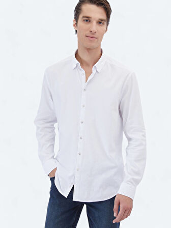 Beyaz Düz Regular Fit Dokuma Casual Pamuk Karışımlı Gömlek