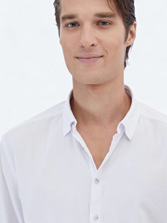 Beyaz Düz Regular Fit Dokuma Casual Pamuk Karışımlı Gömlek