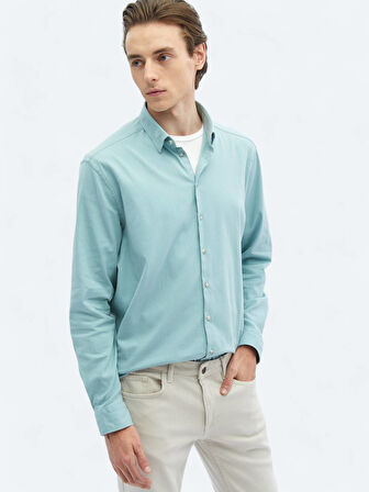 Mint Düz Regular Fit Dokuma Casual Pamuk Karışımlı Gömlek