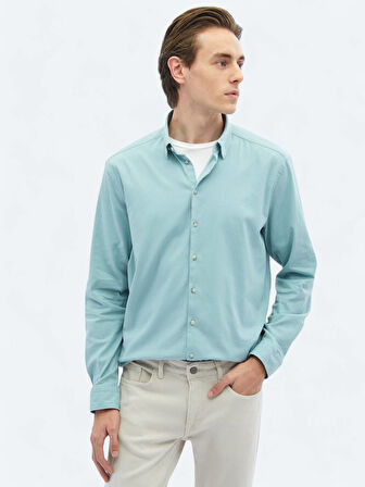 Mint Düz Regular Fit Dokuma Casual Pamuk Karışımlı Gömlek
