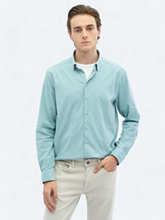 Mint Düz Regular Fit Dokuma Casual Pamuk Karışımlı Gömlek