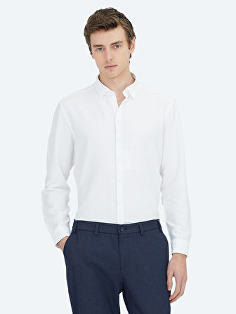 Beyaz Regular Fit Dokuma Casual Gömlek