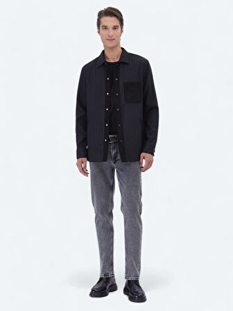 Siyah Düz Regular Fit Dokuma Overshırt