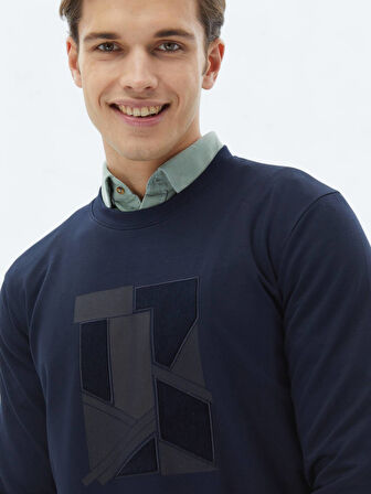 Lacivert Bisiklet Yaka Baskılı Sweatshırt