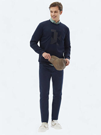 Lacivert Bisiklet Yaka Baskılı Sweatshırt