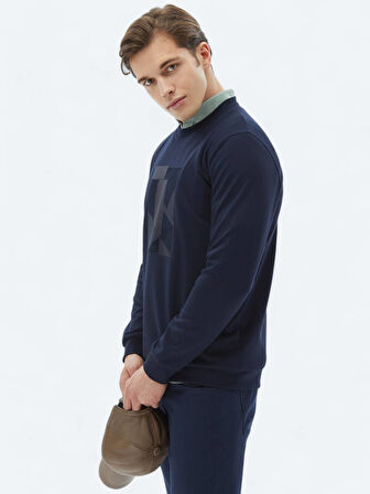 Lacivert Bisiklet Yaka Baskılı Sweatshırt