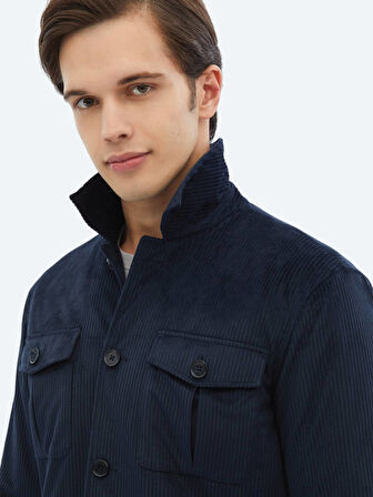 Lacivert Fitilli Regular Fit Dokuma Kadife Overshırt