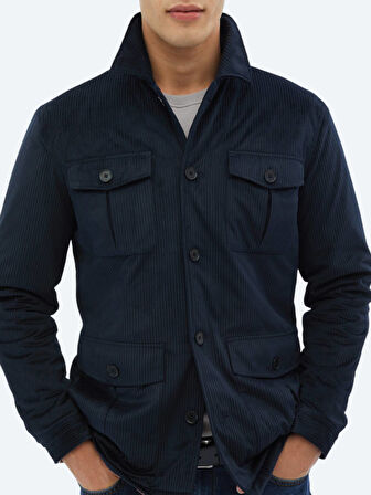 Lacivert Fitilli Regular Fit Dokuma Kadife Overshırt