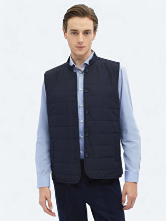 Lacivert Regular Fit Dik Yaka Casual Dokuma Spor Yelek