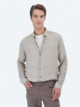 Bej Baskılı Regular Fit Dokuma Casual Gömlek