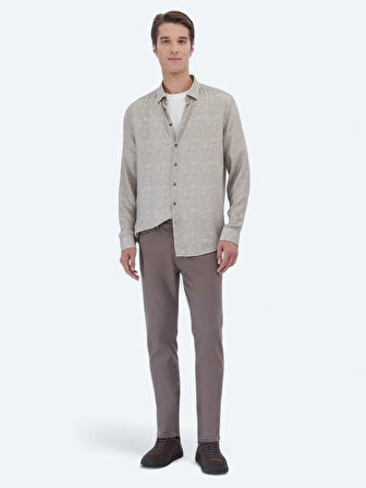 Bej Baskılı Regular Fit Dokuma Casual Gömlek