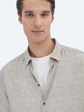 Bej Baskılı Regular Fit Dokuma Casual Gömlek