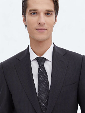 Lacivert Desenli Modern Fit Yün Karışımlı Takım Elbise