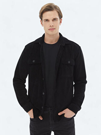 Siyah Düz Oversize Fit Pamuk Karışımlı Overshırt