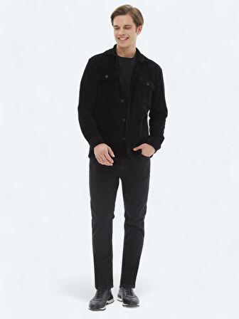 Siyah Düz Oversize Fit Pamuk Karışımlı Overshırt