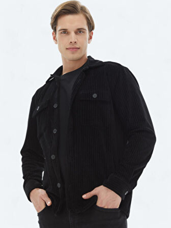 Siyah Düz Oversize Fit Pamuk Karışımlı Overshırt