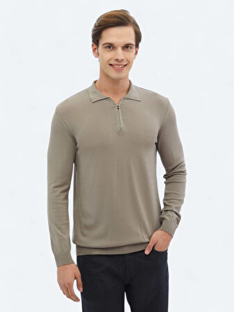 Açık Vizon Polo Yaka Düz Örgü Triko Kazak