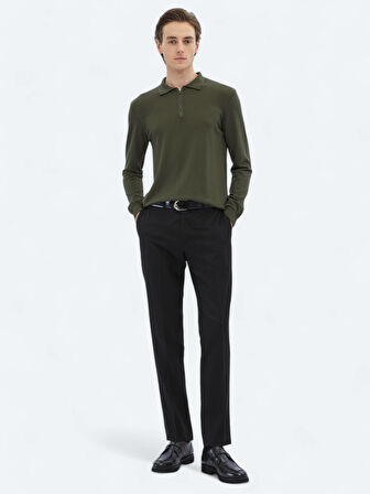 Haki Polo Yaka Düz Örgü Triko Kazak