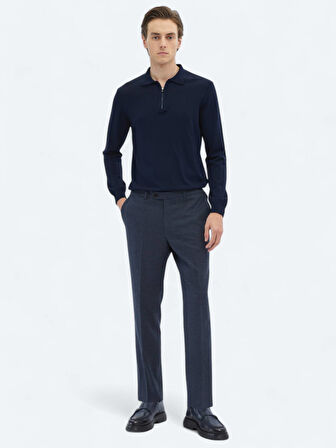 Lacivert Polo Yaka Düz Örgü Triko Kazak