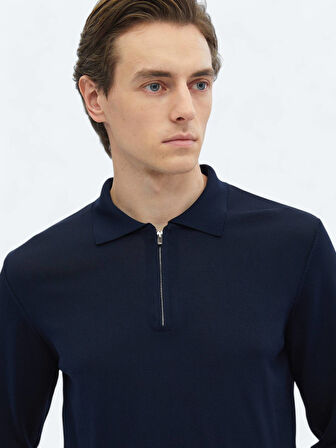 Lacivert Polo Yaka Düz Örgü Triko Kazak