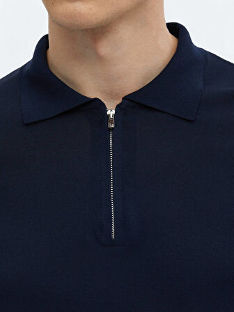 Lacivert Polo Yaka Düz Örgü Triko Kazak