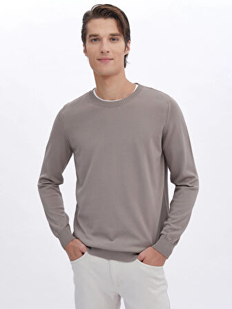 Açık Vizon Bisiklet Yaka Düz Örgü Triko Kazak