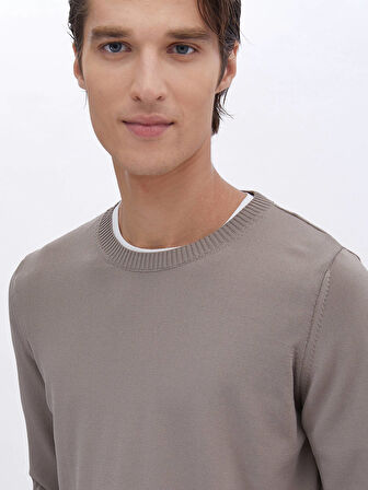 Açık Vizon Bisiklet Yaka Düz Örgü Triko Kazak