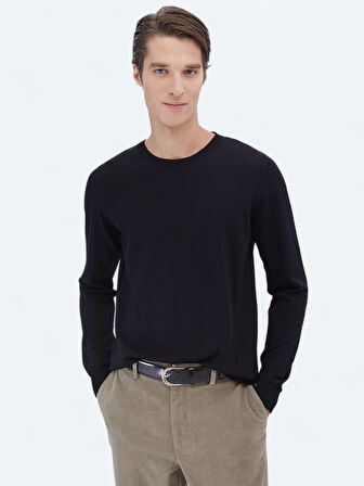 Siyah Bisiklet Yaka Düz Örgü Triko Kazak