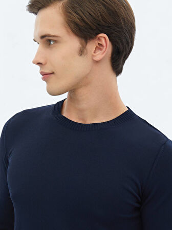 Lacivert Bisiklet Yaka Düz Örgü Triko Kazak