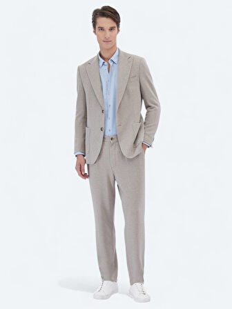 Bej Desenli Modern Fit Pamuk Karışımlı Örme Takım Elbise