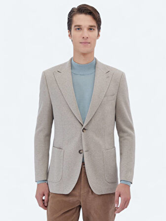 Bej Desenli Modern Fit Pamuk Karışımlı Örme Takım Elbise