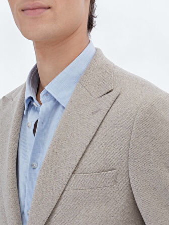 Bej Desenli Modern Fit Pamuk Karışımlı Örme Takım Elbise