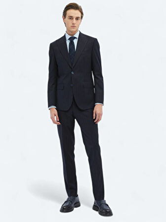 Lacivert Çizgili Modern Fit Yün Karışımlı Takım Elbise