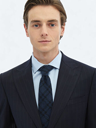 Lacivert Çizgili Modern Fit Yün Karışımlı Takım Elbise