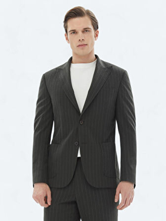 Haki Çizgili Modern Fit Takım Elbise