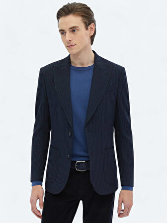 Lacivert Çizgili Comfort Fit Ceket
