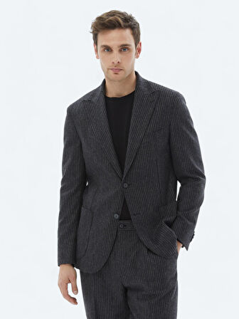 Antrasit Çizgili Modern Fit Yün Karışımlı Takım Elbise