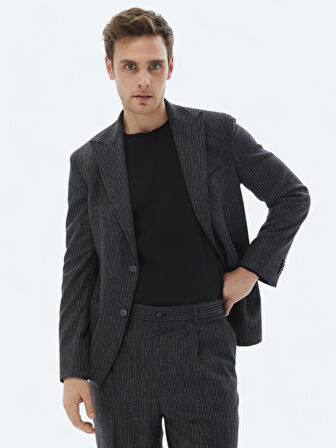 Antrasit Çizgili Modern Fit Yün Karışımlı Takım Elbise